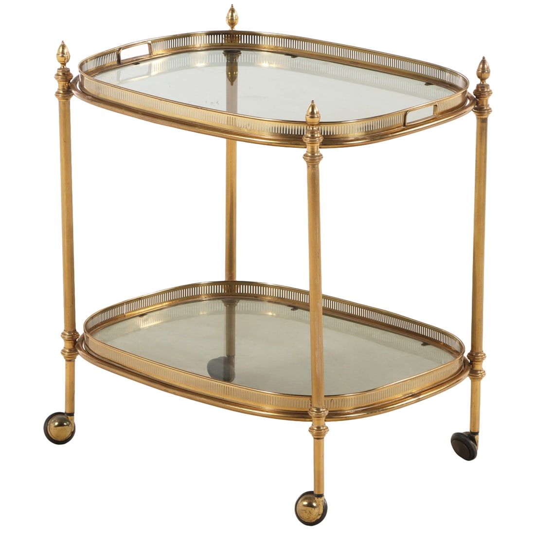 FRENCH DIRECTOIRE STYLE BRASS AND SMOKED GLASS BAR CART C 1960 HAVING TWO REMOVABLE SERVING TRAYS. (1 of 5)