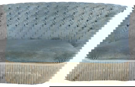 FRENCH BUTTON BACK  UPHOLSTERED SETTEE WITH FRINGE DECORATION C 1960.