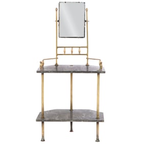 FRENCH BRASS AND MARBLE VANITY WITH MIRROR C 1890. GREAT TO STORE TOWELS IN YOUR POWDER ROOM.