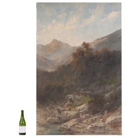 A LARGE 19TH CENTURY CONTINENTAL LANDSCAPE PAINTING DEPICTING SHEPHERDS AND SHEEP IN VALLEY