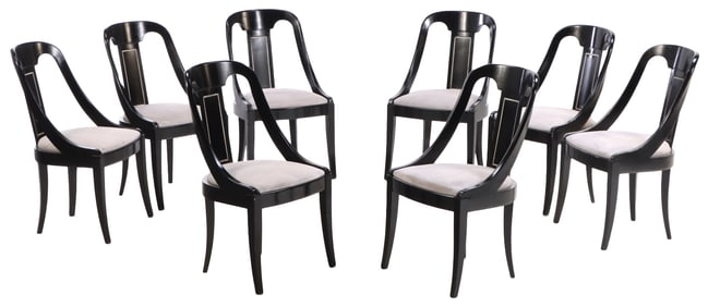 EIGHT EBONIZED GONDOLA STYLE DINING ROOM CHAIRS C 1940.