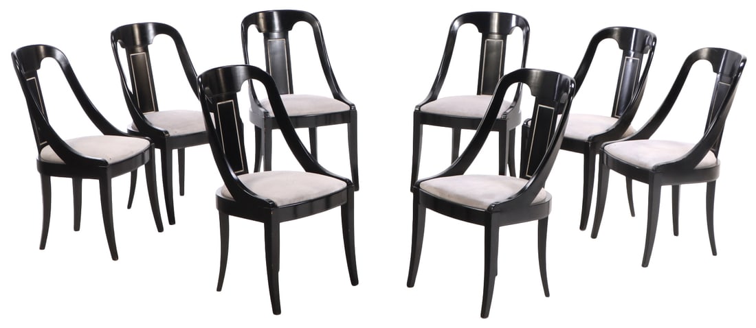 EIGHT EBONIZED GONDOLA STYLE DINING ROOM CHAIRS C 1940. (1 of 7)