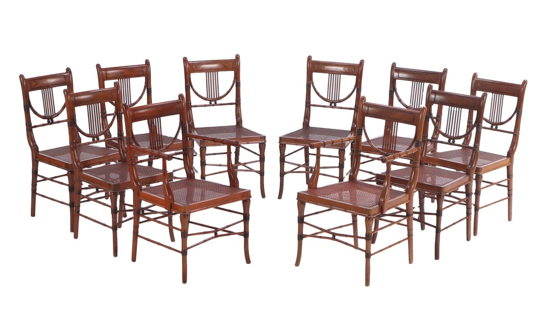 TEN FAUX BAMBOO AND CANE DINING CHAIRS HAVING LOOSE CUSHIONS C 1950 INCLUDING  TWO ARM CHAIRS. (1 of 6)