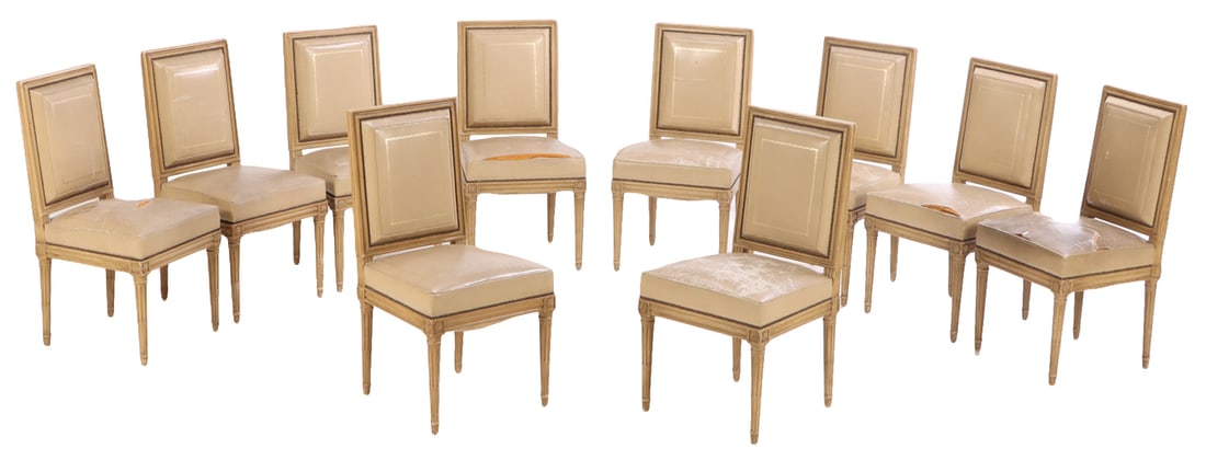 TEN PAINTED LOUIS XVI STYLE LEATHER UPHOLSTERED DINING CHAIRS OF THE HIGHEST QUALITY ATTRIBUTED TO (1 of 9)