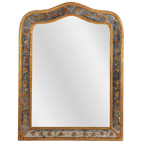 EGLOMISE DECORATED MIRROR BY JANSEN HAVING A SHAPED ARCHED TOP C 1950.