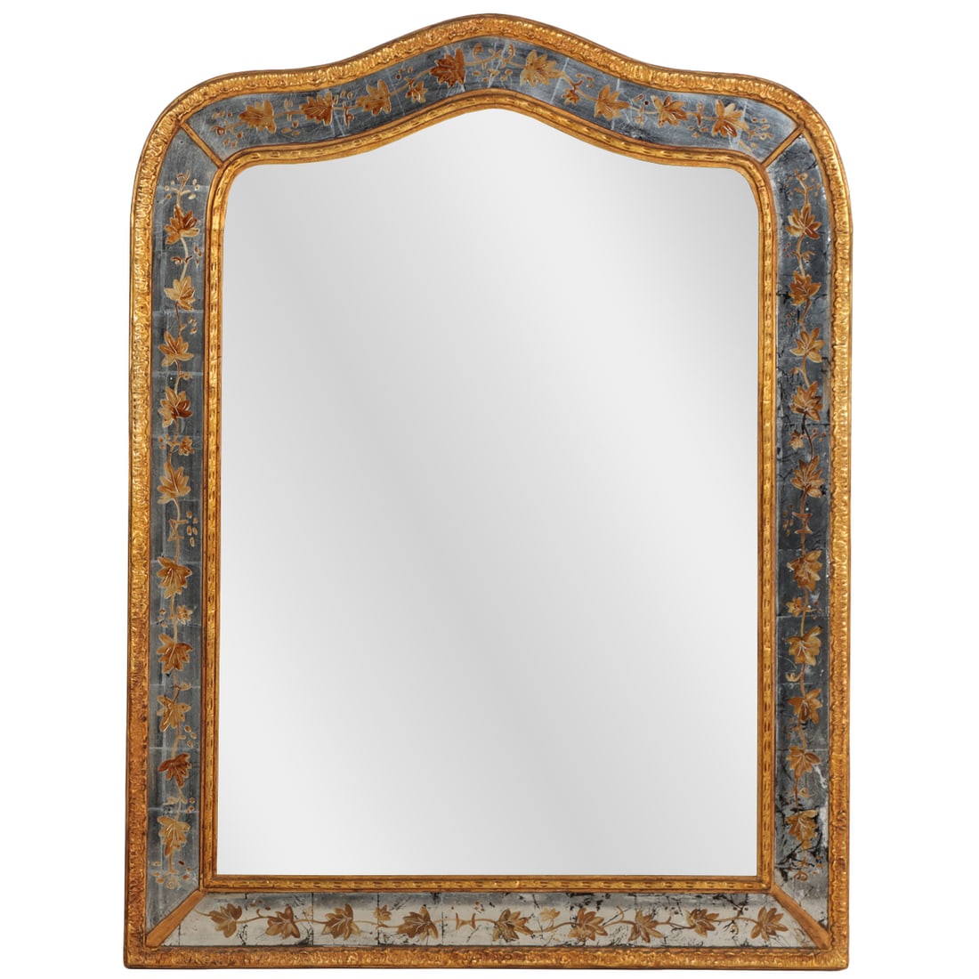 EGLOMISE DECORATED MIRROR BY JANSEN HAVING A SHAPED ARCHED TOP C 1950. (1 of 8)