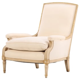 PAINTED LOW SLUNG LOUIS XVI STYLE BERGERE CHAIR IN THE MANNER OF JANSEN C 1940 HAVING NEW FABRIC.