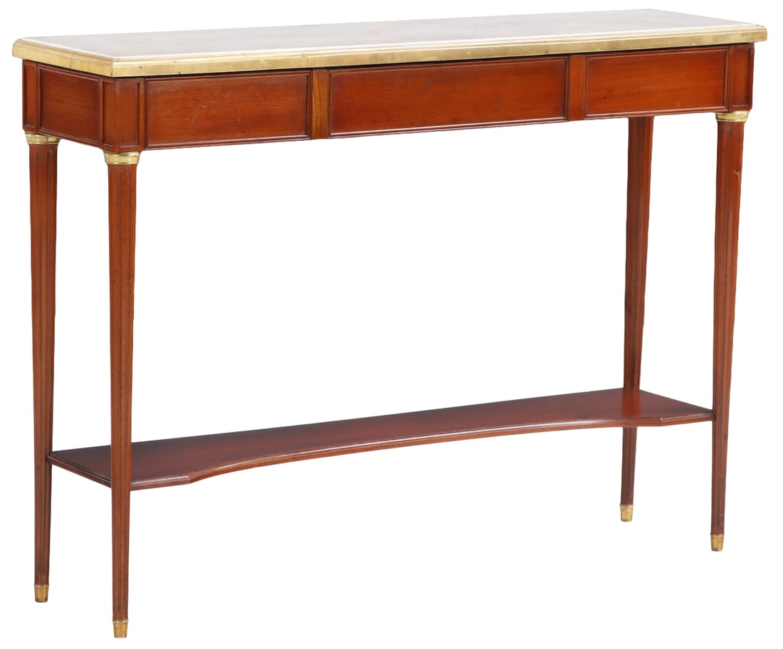 STYLISH MAHOGANY MARBLE TOP LOUIS XVI STYLE CONSOLE TABLE WITH BRASS BANDING IN THE MANNER OF (1 of 5)