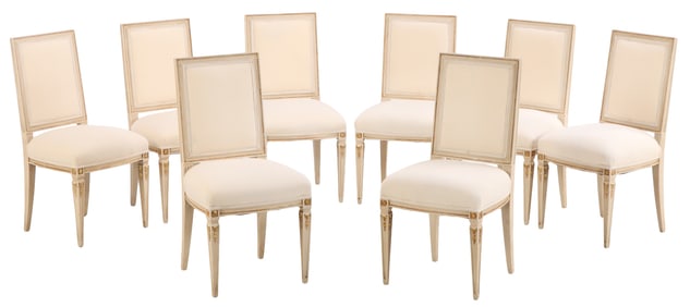 EIGHT PAINTED AND GILTWOOD LOUIS XIV STYLE DINING CHAIRS C 1940 HAVING NEW FABRIC.