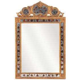 CARVED AND GILTWOOD EGLOMISE MIRROR C 1950 BY JANSEN HAVING A REMOVABLE CREST.