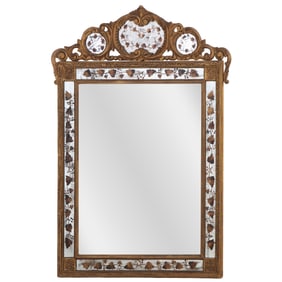 CARVED AND GILTWOOD EGLOMISE MIRROR C 1950 BY JANSEN HAVING A REMOVABLE CREST.