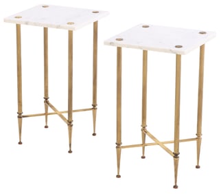 PAIR OF FRENCH BRASS AND MARBLE END TABLES C 1960 IN THE MANNER OF JANSEN.