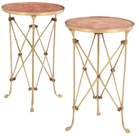 PAIR BRONZE MARBLE TOP END TABLES IN THE NEO-CLASSICAL STYLE.