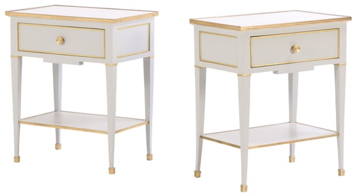 PAIR PAINTED AND BRONZE MOUNTED MARBLE TOP CABINETS HAVING A SINGLE DRAWER.