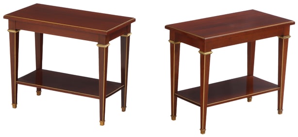 PAIR FRENCH MAHOGANY DIRECTOIRE STYLE BRONZE MOUNTED END TABLES C 1950  BRANDED  "HIRSCH".