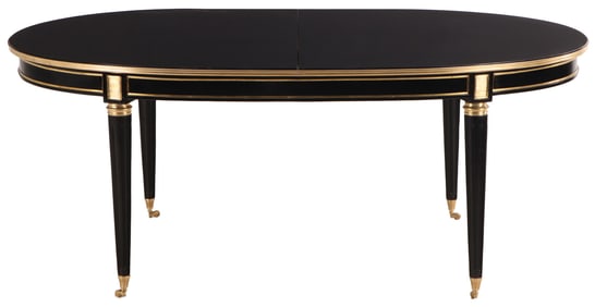 LOUIS XVI STYLE EBONIZED AND BRONZE MOUNTED DINING TABLE HAVING FLUTED LEGS AND THREE 19.75" LEAVES