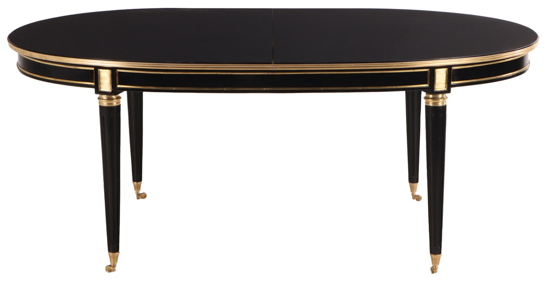 LOUIS XVI STYLE EBONIZED AND BRONZE MOUNTED DINING TABLE HAVING FLUTED LEGS AND THREE 19.75" LEAVES (1 of 6)