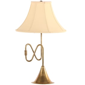 BRASS TRUMPET FORM TABLE LAMP WITH SHADE C 1950.