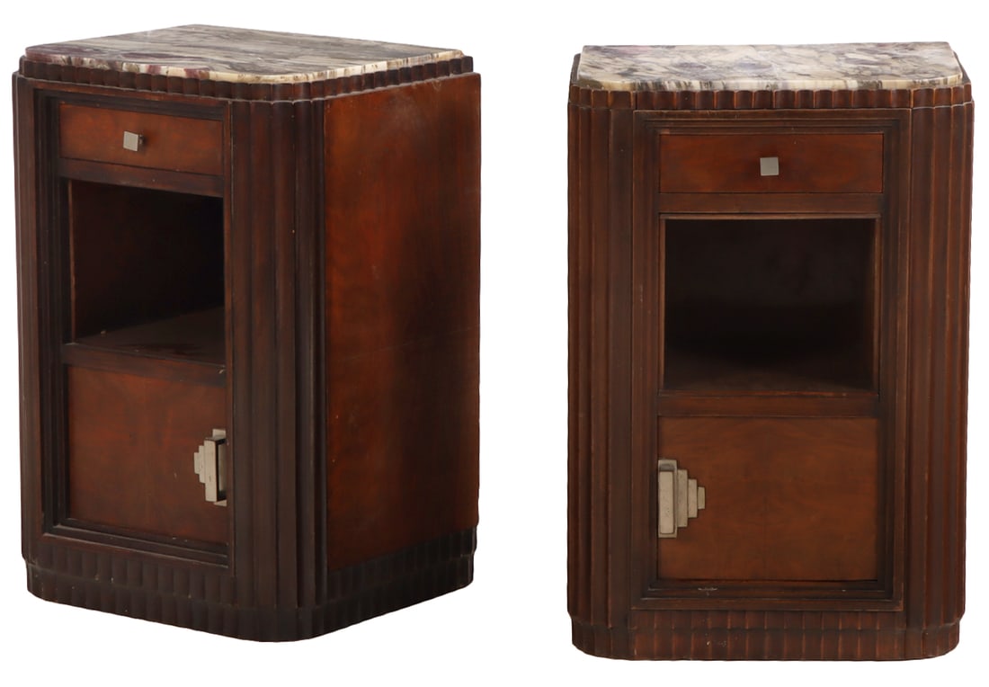 PAIR FRENCH ART DECO MARBLE TOP NIGHT STANDS C 1940 HAVING MARBLE LINED CUPBOARDS BELOW. (1 of 6)