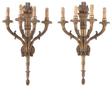 PAIR FRENCH BRONZE FOUR ARM WALL SCONCES WITH TORCH MOTIF C 1930.