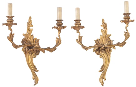 PAIR FRENCH GILT BRONZE LOUIS XV STYLE TWO ARM WALL SCONCES C 1930.
