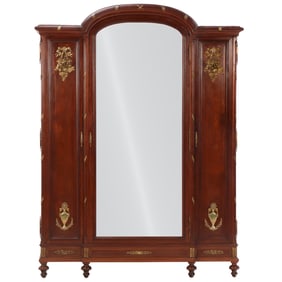 FRENCH BRONZE MOUNTED MAHOGANY THREE DOOR ARMOIRE C 1900 HAVING A CENTRAL MIRRORED DOOR AND TWO