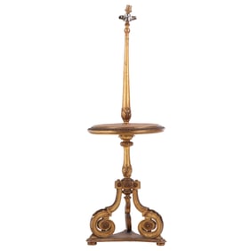 FRENCH CARVED AND GILTWOOD MARBLE TOP FLOOR LAMP C 1920.
