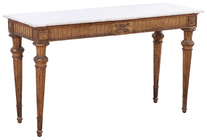 FRENCH LOUIS XV MARBLE TOP GILTWOOD CONSOLE TABLE. THE CASE HAVING A FLUTED AND DECORATED FRIEZE