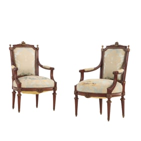 PAIR OF MAHOGANY LOUIS XVI STYLE ARM CHAIRS WITH EXTENSIVE BRONZE MOUNTS THROUGHOUT C 1910.
