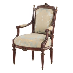 MAHOGANY LOUIS XVI STYLE ARM CHAIR WITH EXTENSIVE BRONZE MOUNTS THROUGHOUT C 1910.