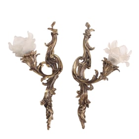 PAIR SINGLE ARM FRENCH BRONZE SCONCES WITH TULIP GLASS SHADES C 1940.