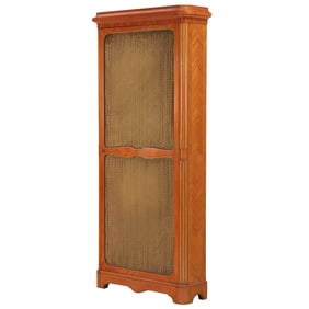 FRENCH SATINWOOD CABINET HAVING A BRASS GRILL OPENING TO A TRYPTIC DRESSING MIRROR C 1900.