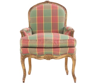 FRENCH LOUIS XV STYLE CARVED AND GILTWOOD BERGERE CHAIR C 1900.