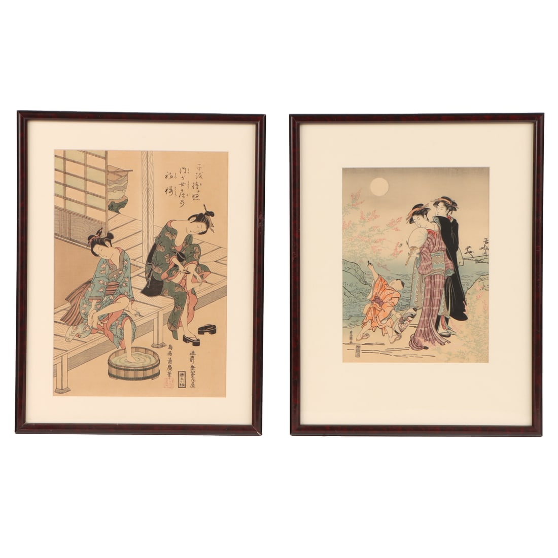 6 FRAMED JAPANESE WOODBLOCK PRINTS BY VARIOUS EDO PERIOD ARTISTS C 1860S: Lot of 6 framed Japanese woodblock prints by various Edo period artists c 1860s I Tukei Tokyo View with Birds 1868 Kunisada print of nude geisha at vanity 18" x 13" Torii Kiyohiro Young Women in Kimon