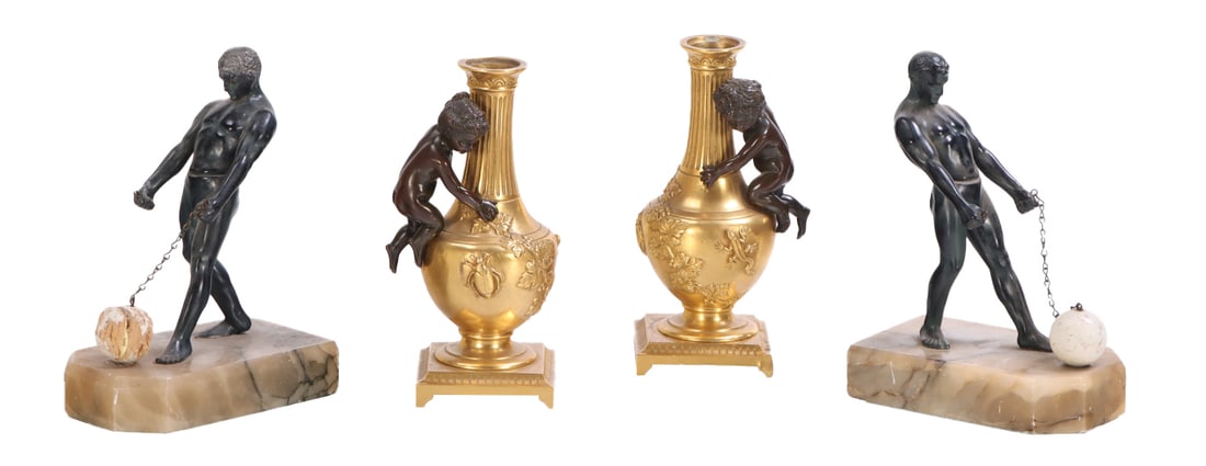 TWO PAIRS OF SCULPTURES INCLUDING A PAIR OF GRECO BOXERS AFTER ANTONIO CANOVA ALONG WITH BRONZE: Two pairs of sculptures including a pair of Greco boxers after Antonio Canova along with bronze cherub decorated candlestick bookends. Candlestick- Ht: 7", Wd: 3.75", Dpth: 3" Ht: 7.5" Wd: 3.25" Dpth: