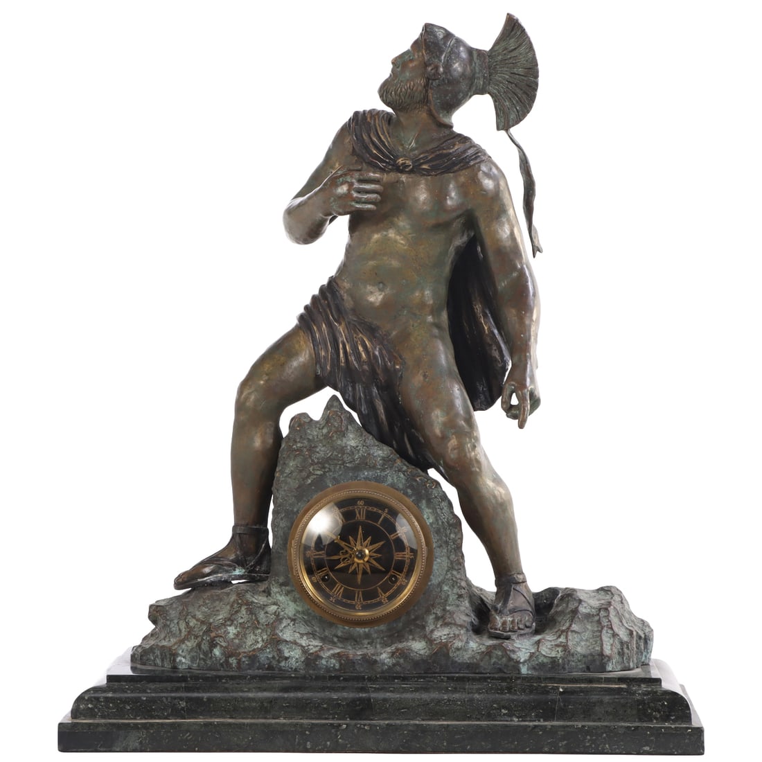 A BRONZE AND STONE SPARTAN CLOCK BY MAITLAND SMITH. (1 of 7)