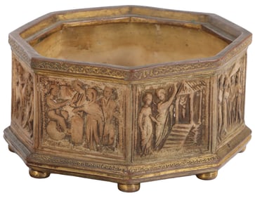 A PETITE ANTIQUE TERRACOTTA OCTAGANOL CENTER PIECE BEING DECORATED WITH NEOCLASSICAL STYLE FIGURAL