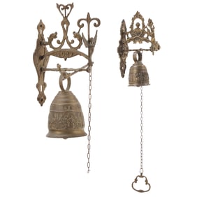 TWO ANTIQUE BRONZE WALL BELLS HAVING FIGURE, SERPENTS, AND WINGED ANGELS.