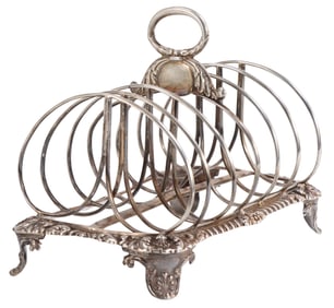 ENGLISH STERLING SILVER TOAST RACK, HALLMARKED EJBEW, LION PASSANT AND LEOPARD HEAD C 18-19TH