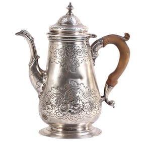 SILVER COFFEE POT WITH DECORATION C 19TH CENTURY, 21 TROY OZ (INCLUDING WOOD HANDLE).