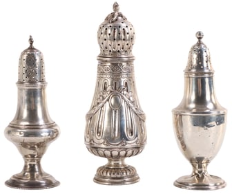 THREE PIECES SILVER INCLUDING TWO ENGLISH STERLING SHAKERS AND A JOHANN S. KURZ SILVER MUFFINEER C