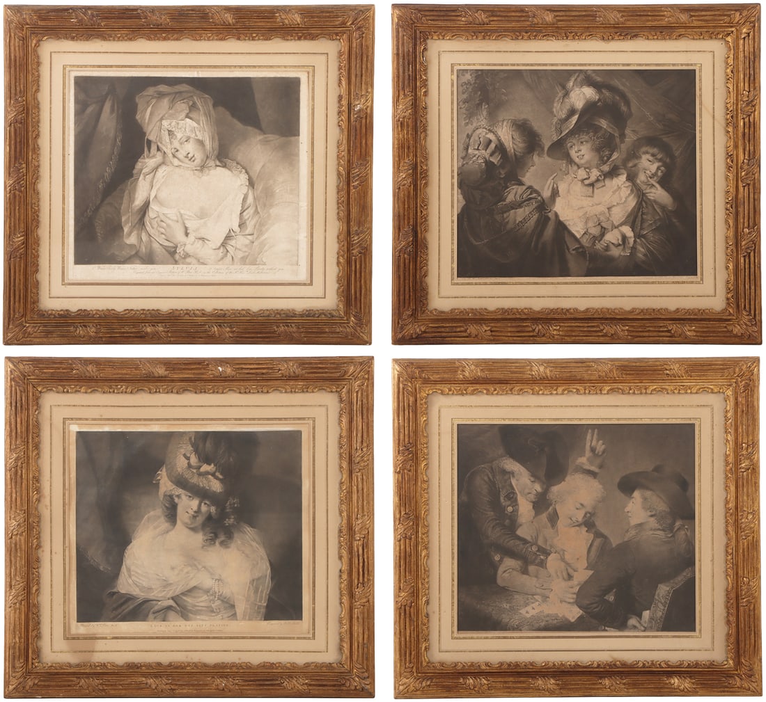 A SET OF FOUR BRITISH ENGRAVING INCLUDING LOVE IN HER EYES SITS PLAYING AFTER JOHN RAPHAEL SMITH.: A set of four British engraving including Love in Her Eyes Sits Playing after John Raphael Smith. Interior- Ht: 14", Wd: 16.75". Ht: 23.75" Wd: 25.25" Dpth: 1"