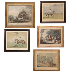 A COLLECTION OF FIVE ANTIQUE FOX HUNTING COLORED ENGRAVINGS.