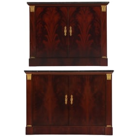 A PAIR OF CROTCH MAHOGANY FRENCH EMPIRE MARBLE TOP TWO DOOR CABINETS C 1950 HAVING BRONZE MOUNTED