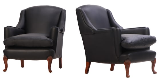PAIR OF LEATHER UPHOLSTERED CLUB CHAIRS C 1950 WITH NEW LEATHER.
