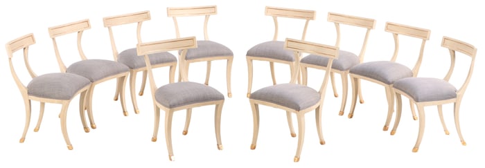 TEN PAINTED AND GILT REGENCY STYLE DINING CHAIRS C 1950 WITH RECENT FABRIC,