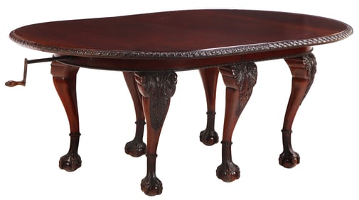 ENGLISH MAHOGANY CHIPPENDALE STYLE CRANK TABLE C 1890. AN UNUSUAL SIX LEG TABLE HAVING RIBBON