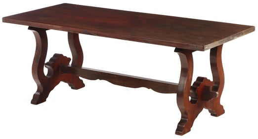 ITALIAN SLAB TOP WALNUT TABLE C 1900 HAVING STRETCHER BASE. DISMANTLES FOR TRANSPORT.