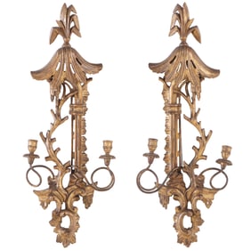 PAIR OF ITALIAN GILTWOOD TWO ARM CHINOISERIE WALL SCONCES C 1950.