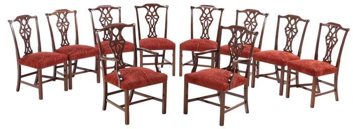 TEN ENGLISH MAHOGANY SOLID MAHOGANY DINING CHAIRS HAVING TWO ARM CHAIRS, STRAIGHT LEGS AND